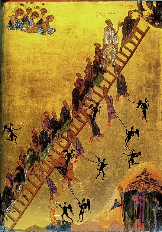 Icon of "The Ladder of Divine Ascent," with Saint John at the top rung (details/credits).