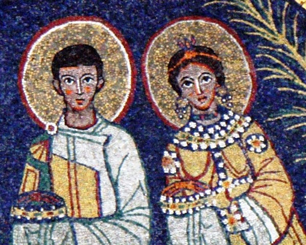 Saints Valerian and Cecilia in a 9th-Century apse mosaic (source)