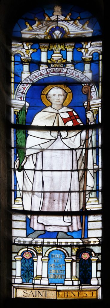 Saint Ernest, in a stained glass window of the Church of St Peter and Paul, Épernay. Photo bBy G.Garitan - Own work, CC BY-SA 3.0, Link
