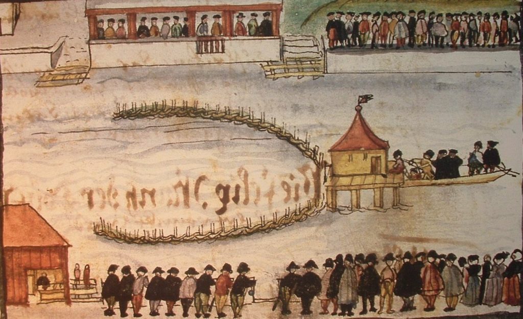 The execution by drowning of Anabaptist Felix Manz, 1527 — executed by fellow Protestants (source) http://www.executedtoday.com/tag/protestant/page/2/