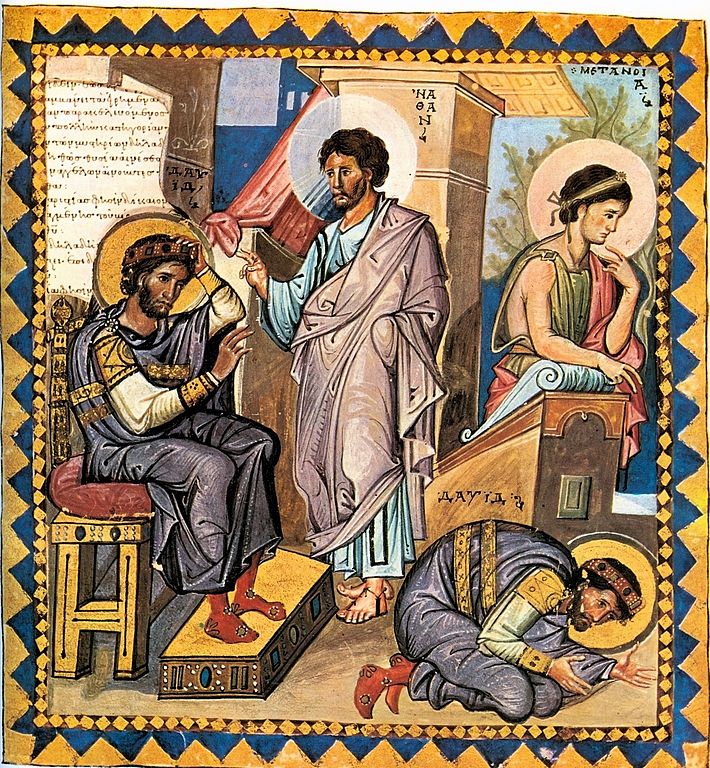 The reproach of Nathan and the penance of King David (Paris Psalter, 10th century).